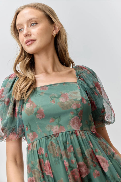 Green Floral Tulle Smocked Midi Dress