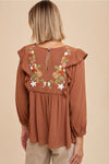 Camel Embroidered Ruffled Blouse