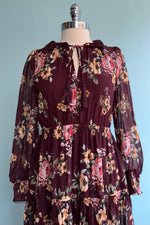 Tie Front Floral Maxi Dress in Burgundy