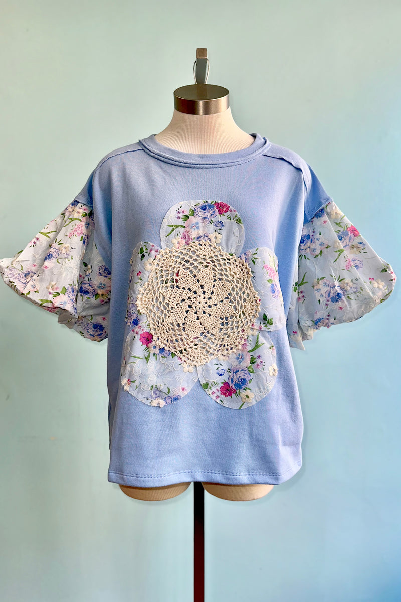トップス Embroidery Patchwork Shirts Light Blue Floral Patchwork Top – Modern Millie