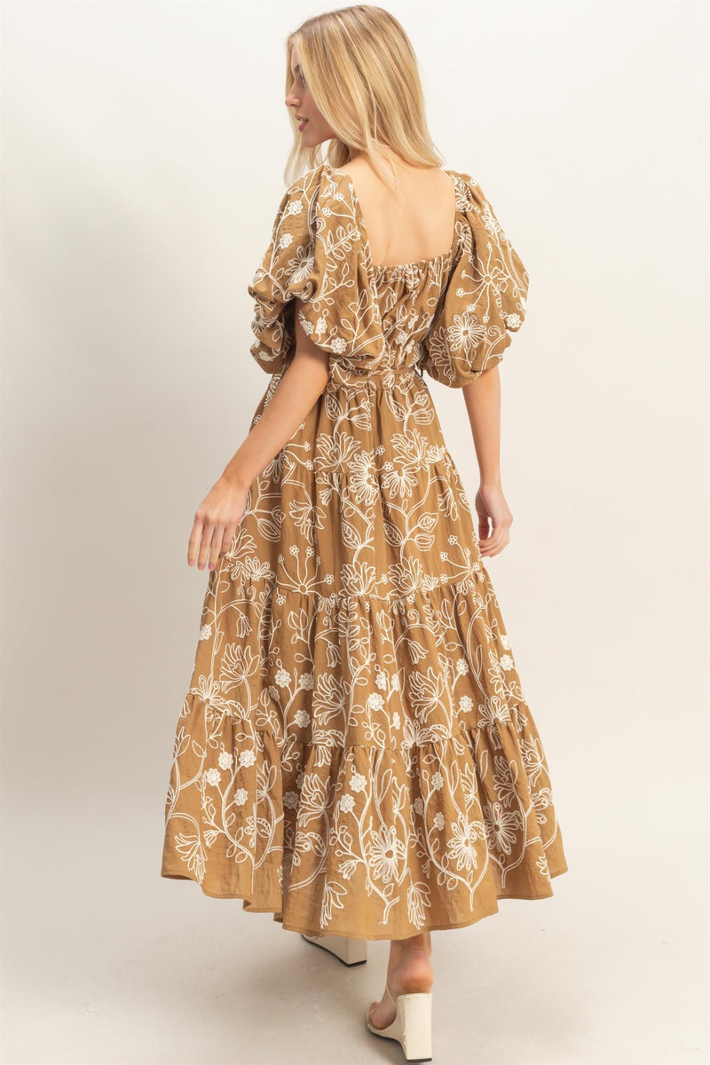 brown puff sleeve midi dress Light Brown Embroidered Puff Sleeve Midi Dress Small