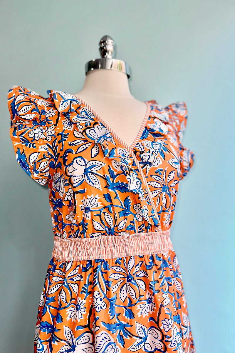 Orange and Blue Floral Ruffle Sleeve Midi Dress