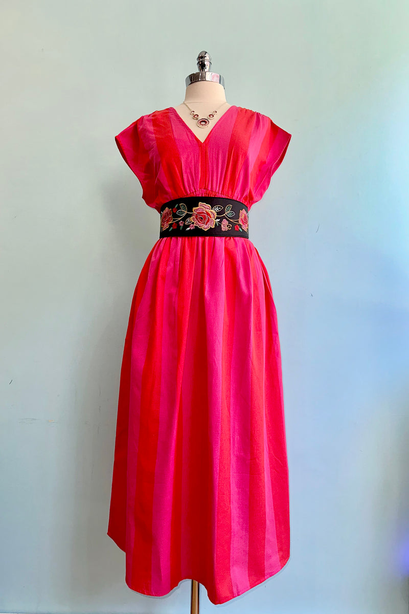 pink and red linen dress Red Color Block Linen Maxi Dress - Casual Dresses