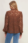 Brown Lace Long Sleeve and Tie Neck Blouse