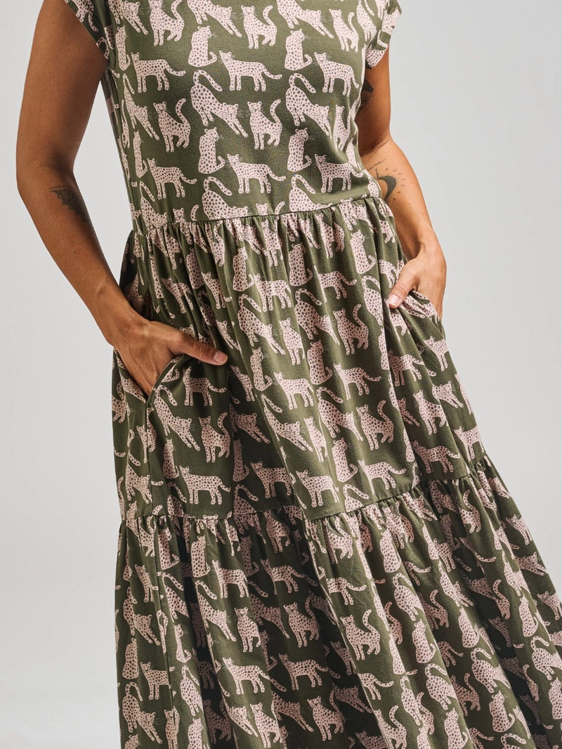 Green Leopard Tiered Jersey Dress by Mata Traders