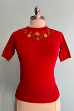 Red Embroidered Daisy Short Sleeve Sweater