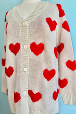 Button Front Ivory and Red Heart Open Cardigan