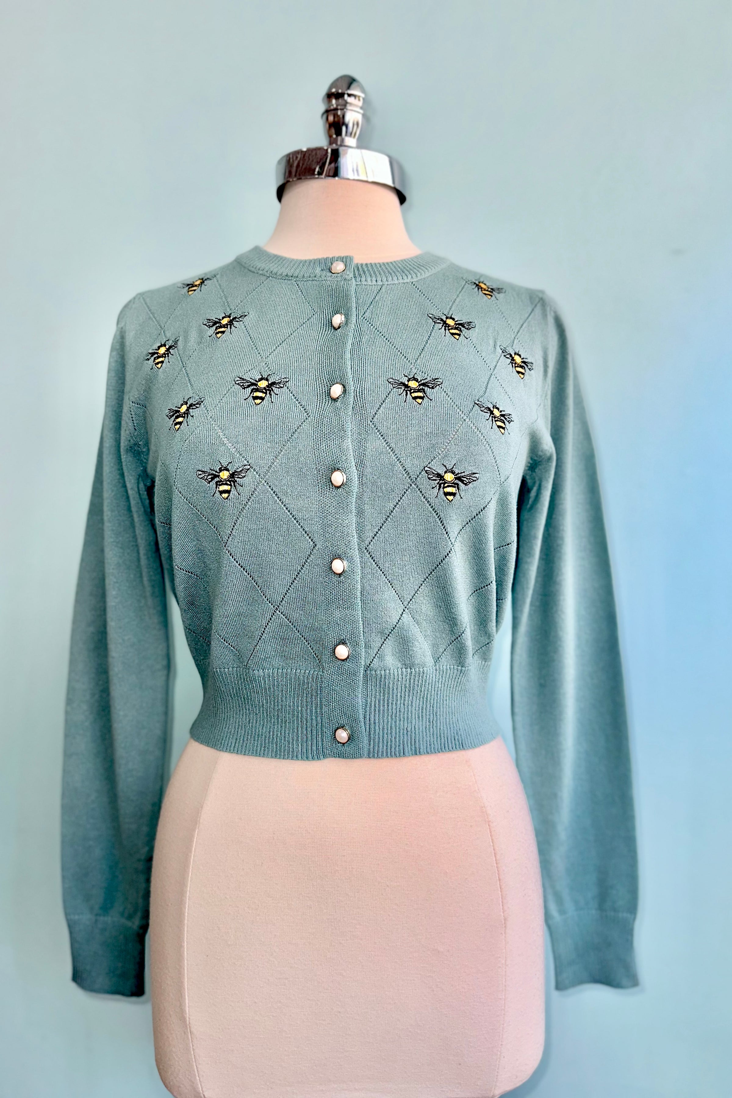 Bee Embroidered Diamond Cardigan in Blue by Voodoo Vixen – Modern