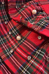 Red Plaid Pearl and Rhinestone Ruffled Sleeve Top