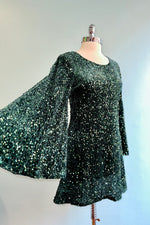 Green Sequin Bell Sleeve Mini Dress