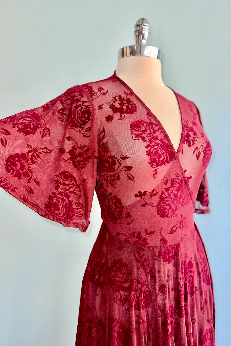 wrap around mesh dress Lydia Wrap Dress in Burgundy Flocked Rose Mesh by Wax Poetic 3X-Large