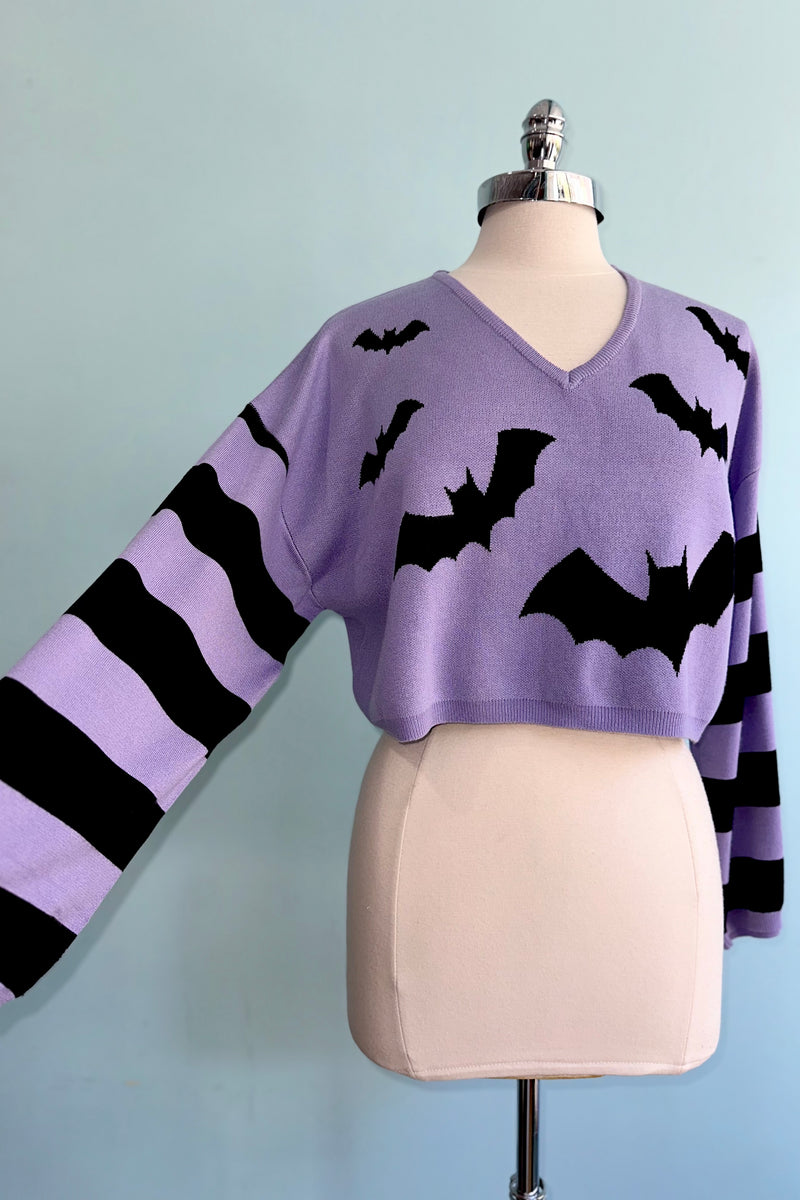 Purple Cropped Striped Sleeve Bat Annabelle Sweater by Banned