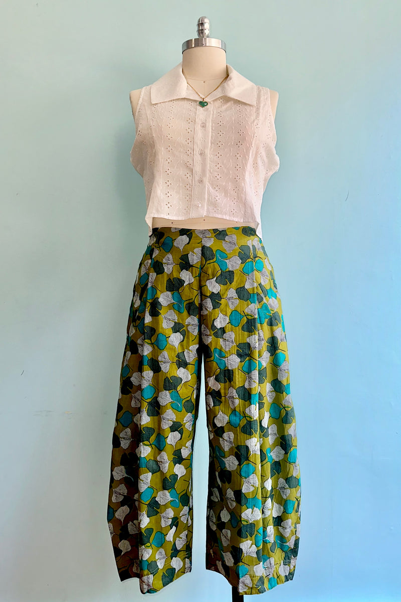 Olive Gingko Print Wide Leg Cropped Pants by Apsara