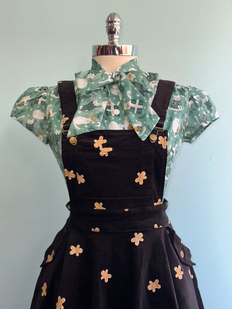 Gingerbread Man Black Corduroy Pinafore Skirt