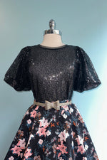 Black Sequin Puff Sleeve Top