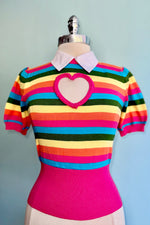 Rainbow Stripe Heart Cut-Out Short Sleeve Sweater