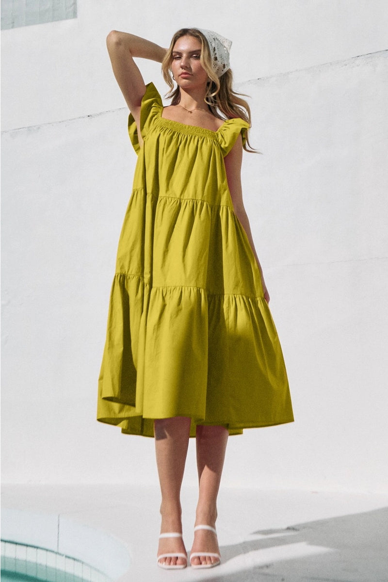 Chartreuse Square Neck Midi Dress