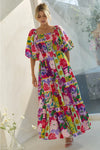 Colorful Floral Bubble Sleeve Smocked Midi Dress