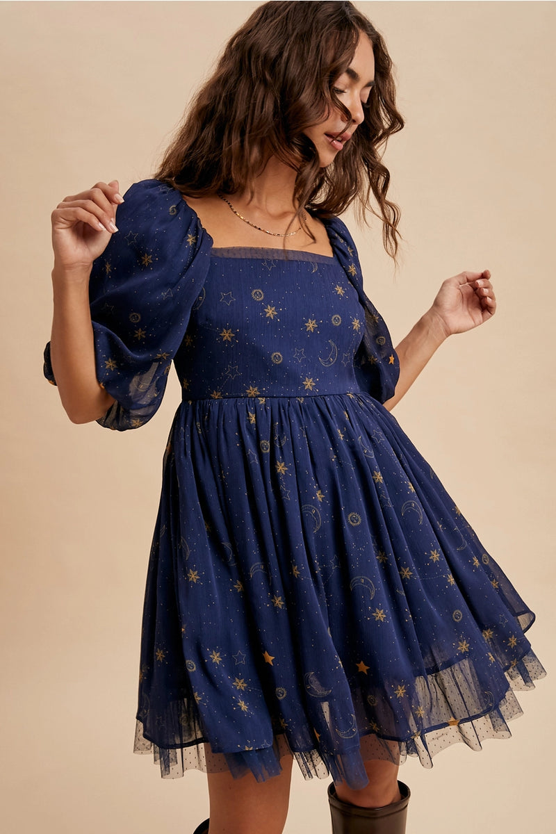 Puff Sleeve Celestial Mini Dress in Navy Large Puff Sleeve Celestial Mini Dress in Navy Large