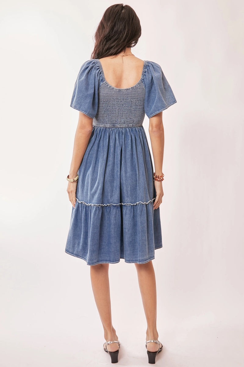 Denim Ruffle Sleeve Smocked Dress