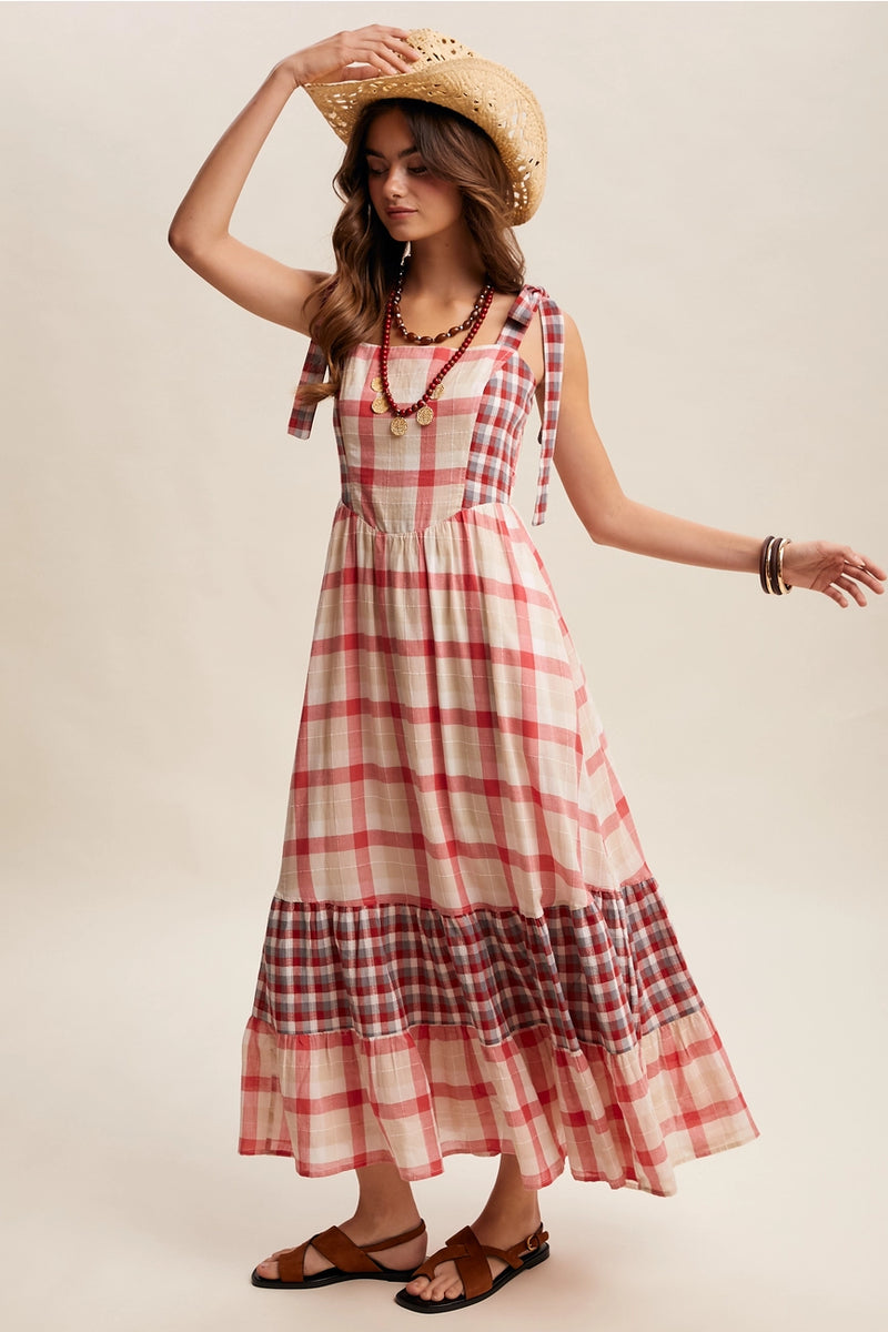 Red Plaid Tie- Shoulder Maxi Dress Medium