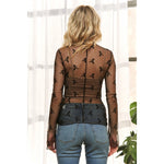 Black Dot and Bow Mesh Long Sleeve Mock Neck Sheer Top