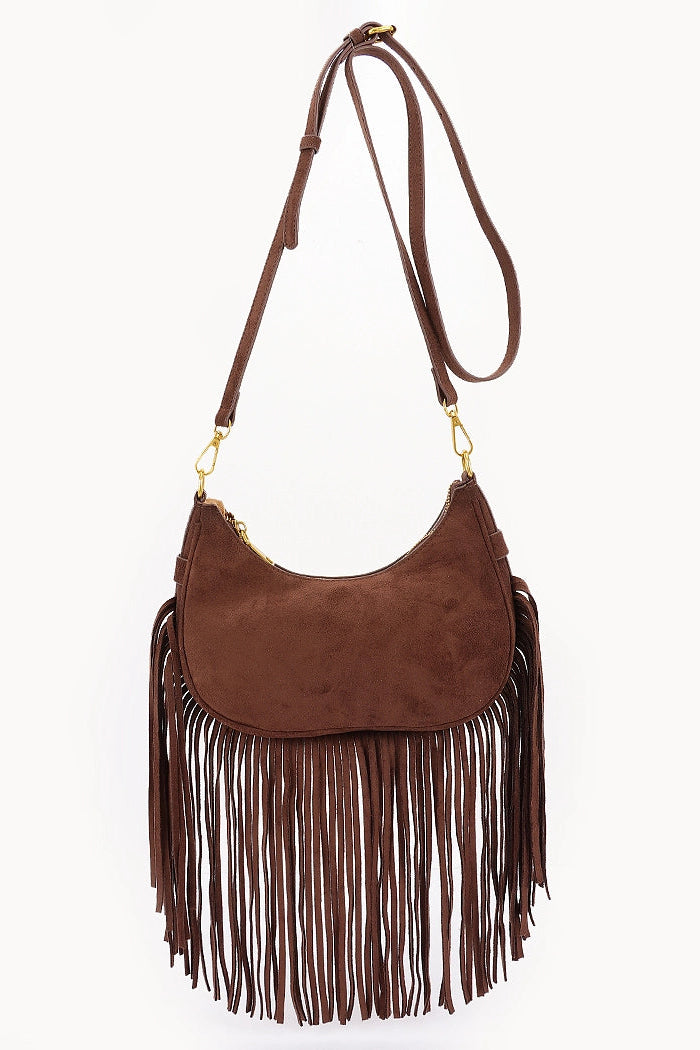 Brown Fringe Trimmed Suede Crossbody Bag