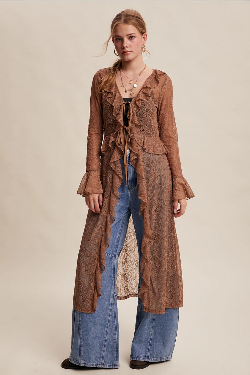 Ruffled Tie Front Lace Duster Dress in Mocha Small
