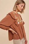 Camel Embroidered Ruffled Blouse