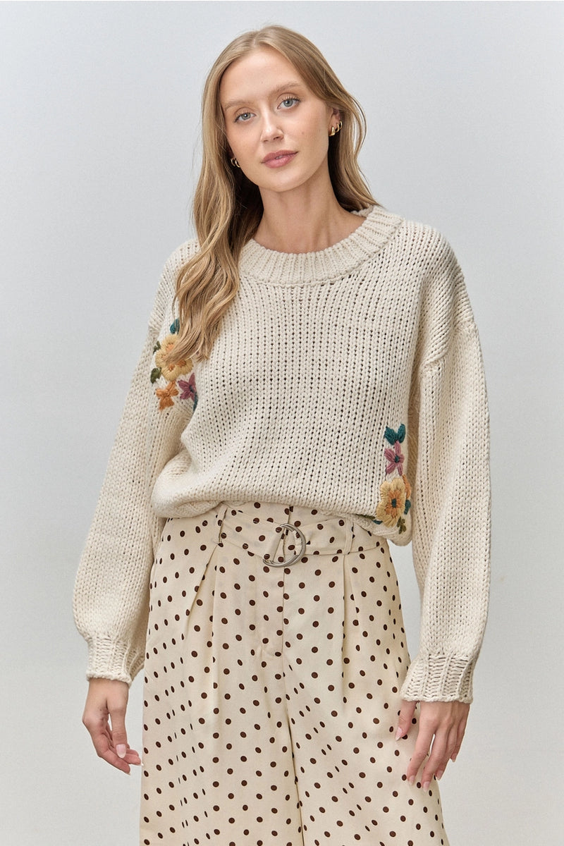 Embroidered Floral Ivory Pullover Sweater