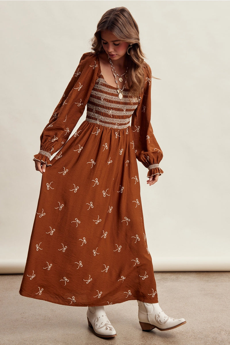 caramel maxi dress Embroidered Bow Smocked – Modern Millie Check Dresses over ruching apply gentle Repose Sleep Dress - Fabric Content:white cotton voile