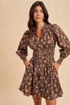 Zip Front Floral Mini Dress in Mocha