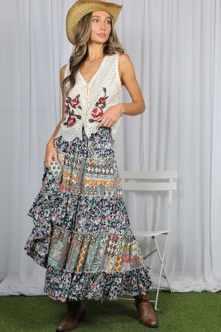 boho patchwork maxi dress Navy Patchwork Floral Boho Maxi Skirt – Modern Millie