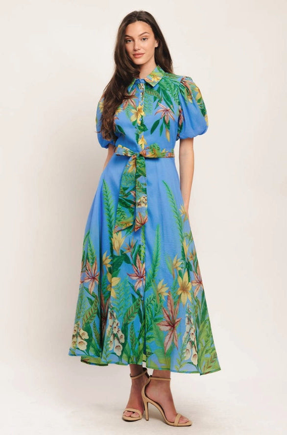 Blue Floral Tropical Bubble Sleeve Midi Dress Medium
