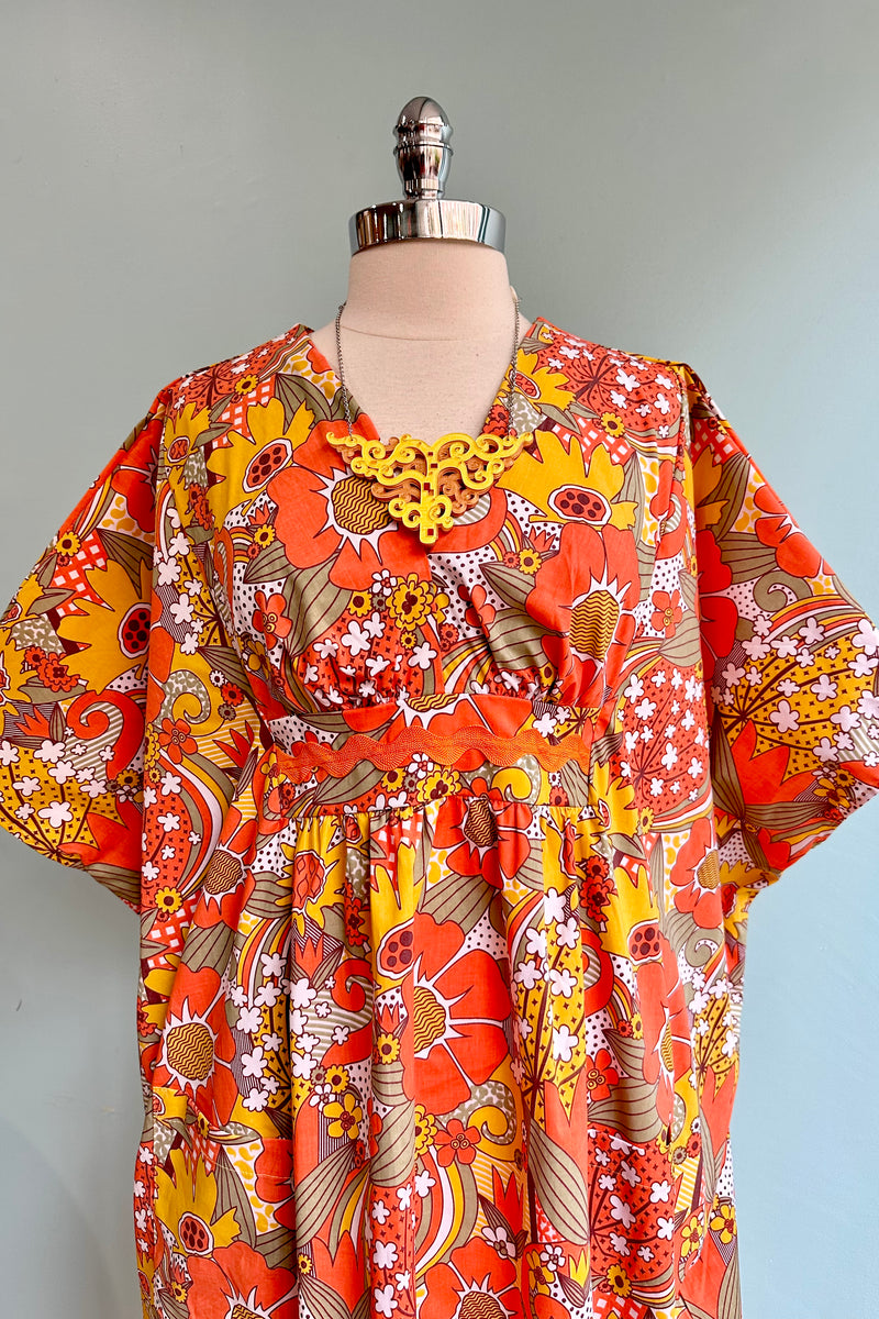 Orange and Olive Mod Floral  Woven Midi Caftan by Blue Platypus