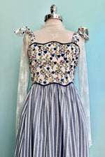 Blue Floral and Striped Print Midi Dress