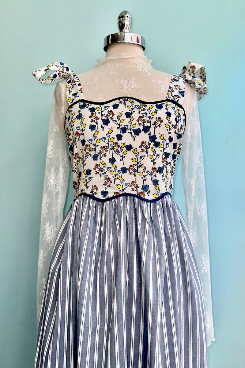 Blue Floral and Striped Print Midi Dress