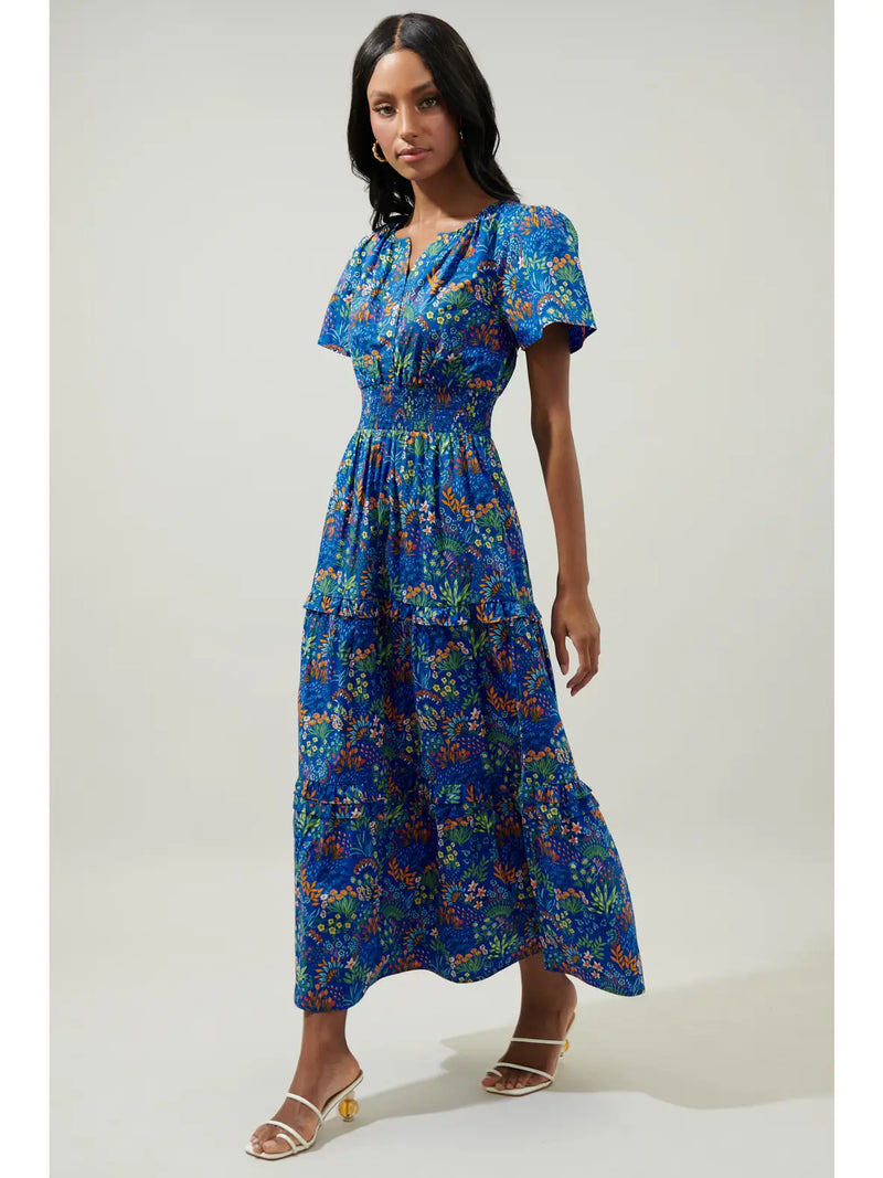 blue maxi dress short sleeve 100% Cotton Royal Blue Floral Maxi Dress - All Dresses