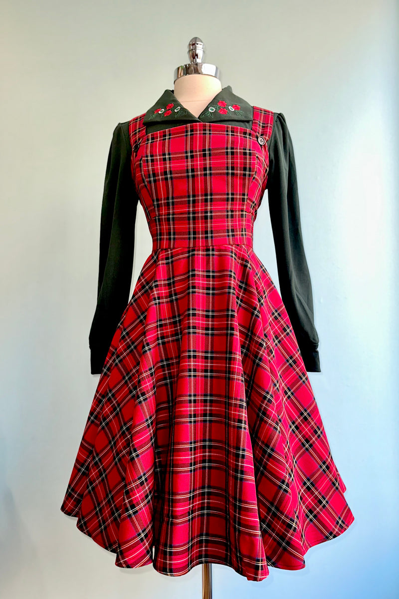 Red Plaid Irvine Pinafore Dress by Hell Bunny