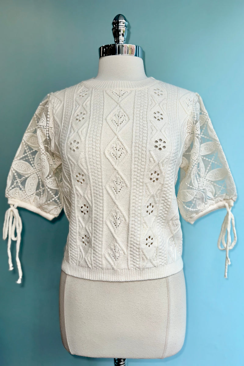 Ivory Eyelet and Embroidered Sweater