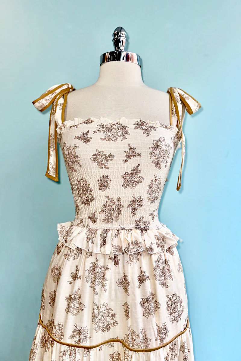 Beige Toile Tie-Shoulder Smocked Midi Dress Large