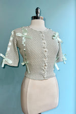 Mint Puff Sleeve Cardigan with Satin Bows