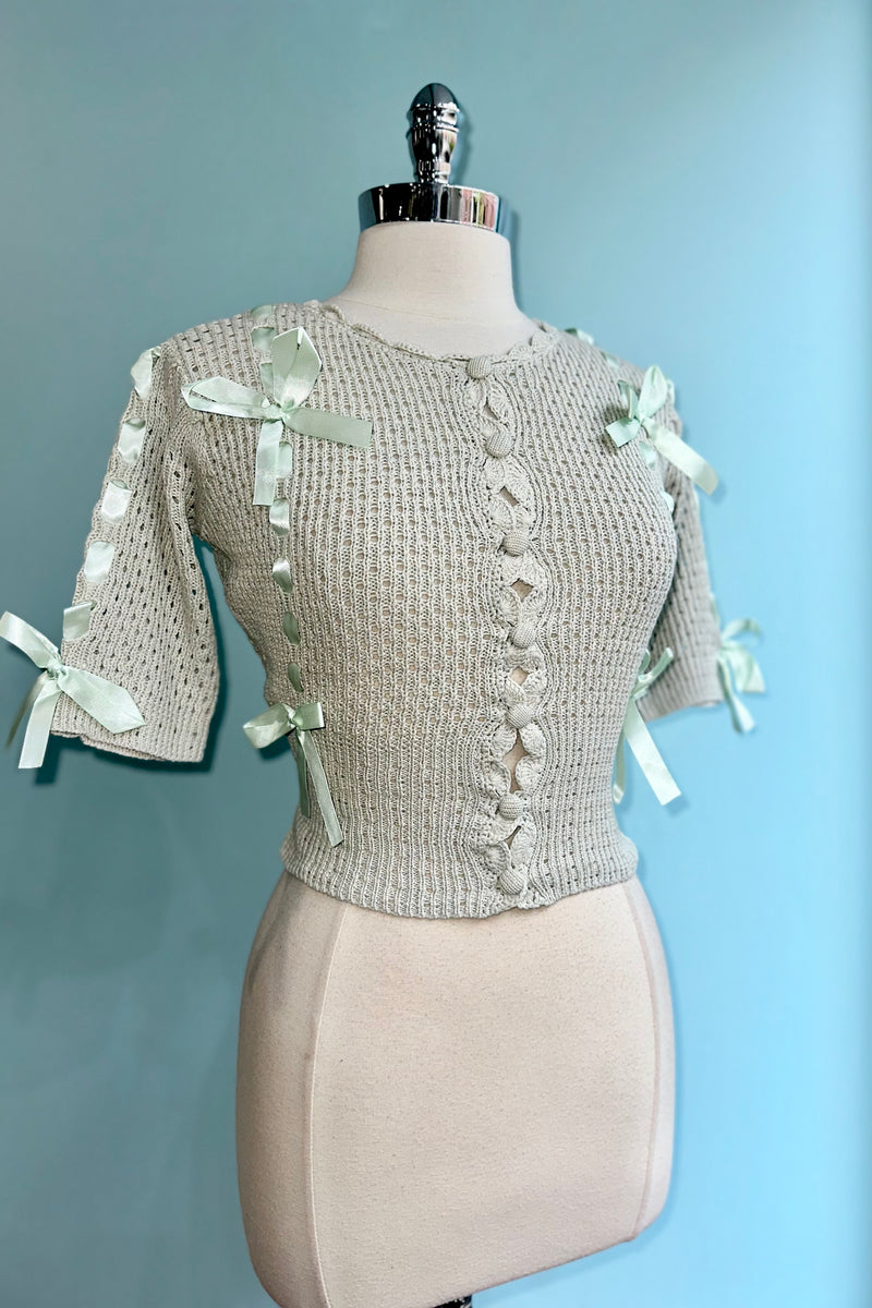 Mint Puff Sleeve Cardigan with Satin Bows