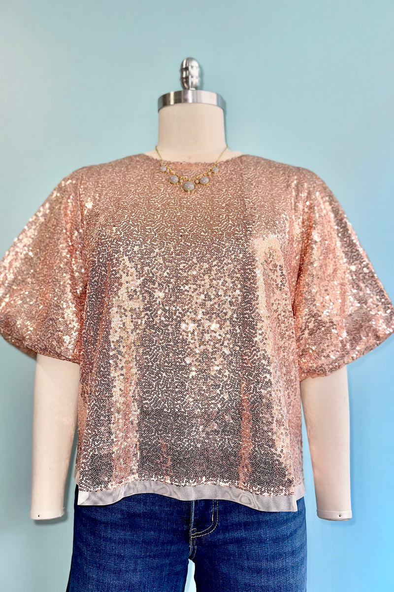 Champagne Sequin Puff Sleeve Top