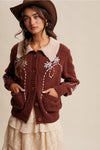Collared and Embroidered Cardigan in Brown