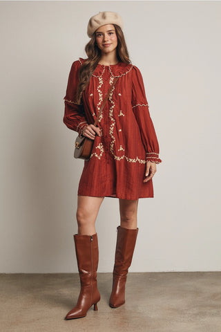 rust embroidered dress Rust-Colored Embroidered Boho Wedding Dress with Wing Sleeves