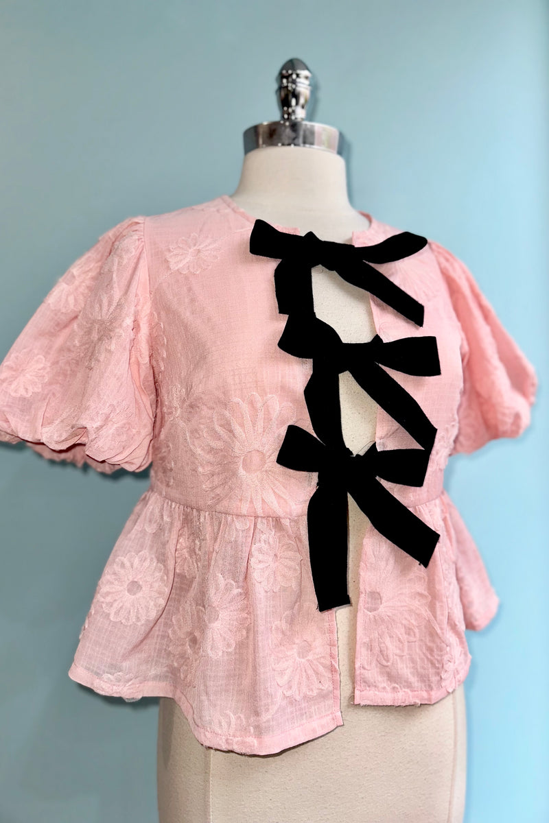 Bow Tie Floral Puff Sleeve Top in Pink