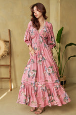 Pink Garden Floral Smocked Maxi Dress