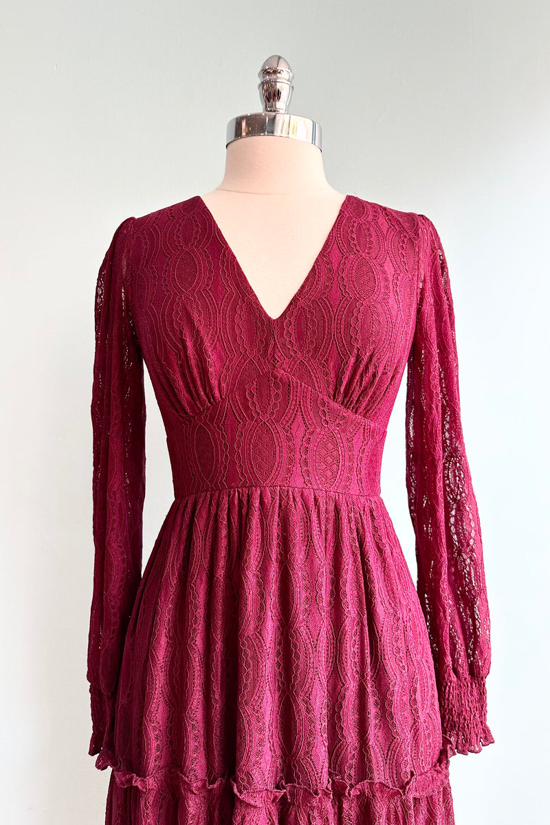 Rhea Burgundy Lace Midi Dress by Hell Bunny