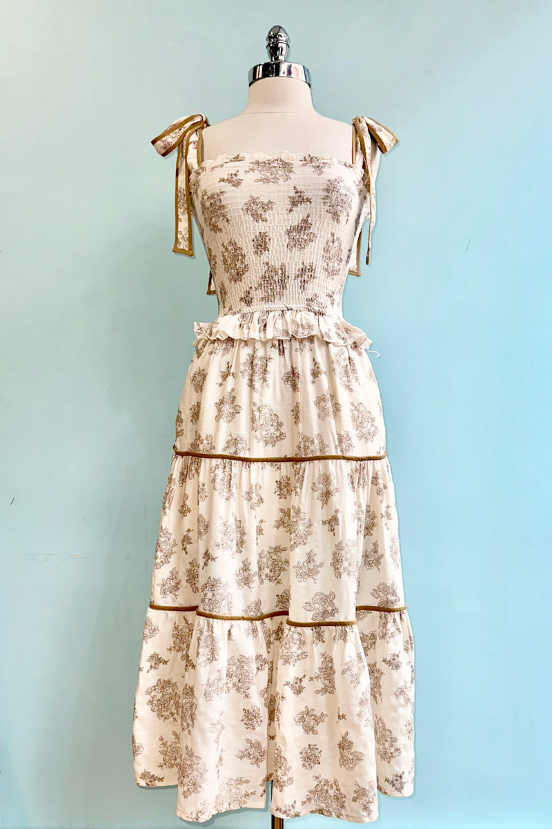Beige Toile Tie-Shoulder Smocked Midi Dress Small